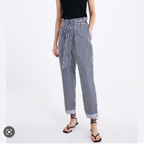 Zara Striped Paper Bag Pants blue white size S - Picture 4 of 11